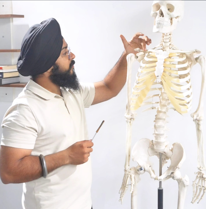 Coach Samarth explaining biomechanics with an anatomical skeleton